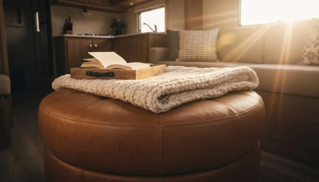 A stylish, round leather ottoman positioned in a cozy RV living area, with its lid slightly ajar to reveal soft blankets stored inside. On top of the flat lid sits a wooden tray holding a steaming cup of coffee. The scene is captured in warm, natural light, highlighting a practical and inviting small-space solution.