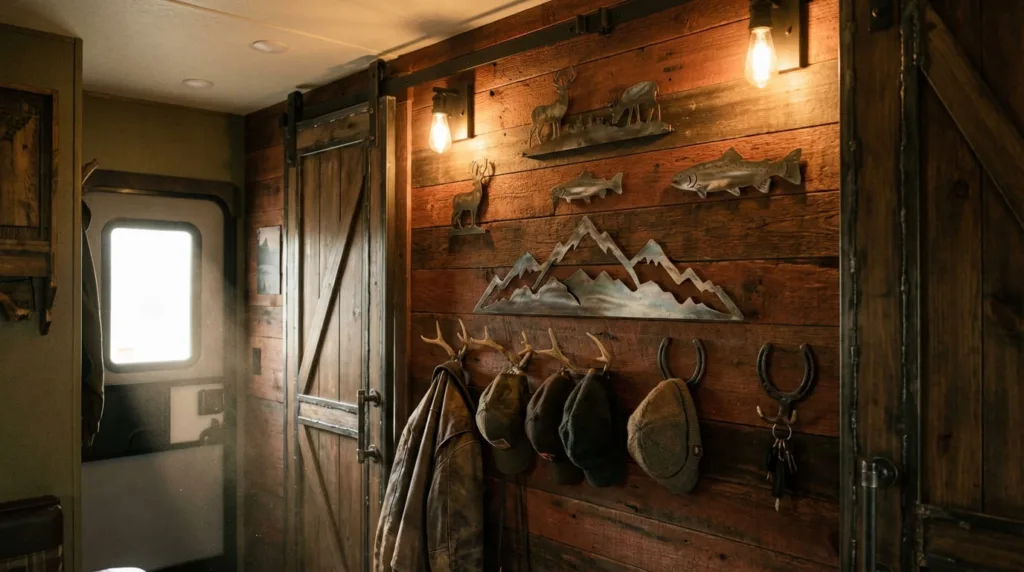 Warm and rustic RV interior featuring decorative metal wall art creating a cabin-like atmosphere.