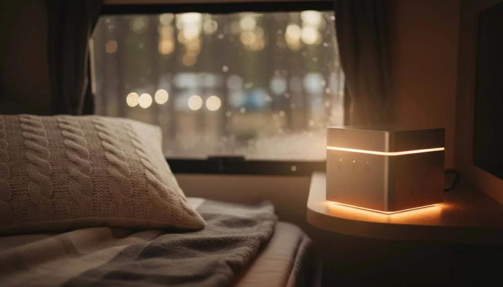 A compact, modern portable sound machine resting on a narrow bedside shelf inside a cozy RV. The device emits a soft, warm amber glow from its built-in nightlight. In the background, plush pillows and a soft-focus view of a quiet campsite at twilight create a peaceful, serene atmosphere perfect for sleep.