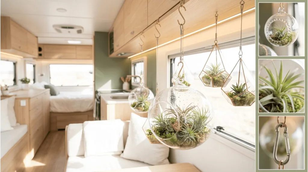 Fresh and botanical RV interior featuring multiple hanging terrariums creating a living, natural atmosphere without consuming counter space.