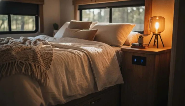 A cozy RV bedroom with built-in USB charging ports on the bedside table, softly lit by a warm bedside lamp