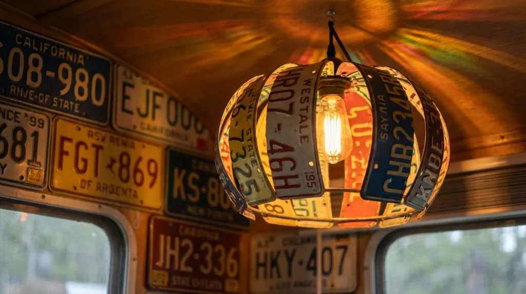 Vibrant and nostalgic RV interior wall featuring a creative display of vintage license plates. 