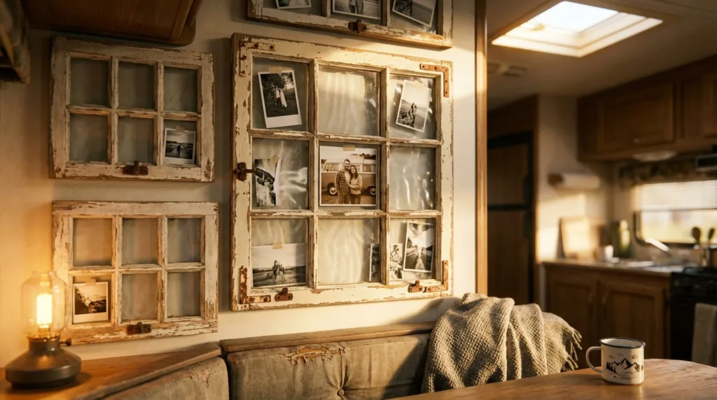 Charming RV interior wall featuring vintage multi-pane window frames repurposed as photo displays. 