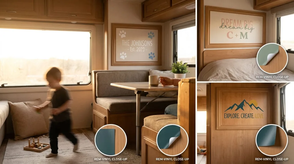 Welcoming RV interior featuring personalized family wall decals transforming plain walls into a home-like space.