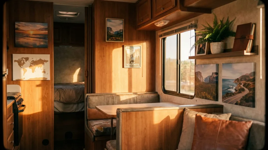 Cozy RV interior wall displaying a curated collection of travel-themed canvas prints in varying sizes arranged thoughtfully around the space. 