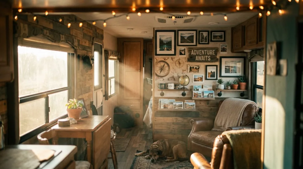 Cozy RV interior with creatively decorated walls featuring a mix of wall decor styles: a small gallery wall with framed prints and photographs, light peel-and-stick wallpaper in a subtle pattern, vintage wooden signs, and a few floating shelves with decorative items.