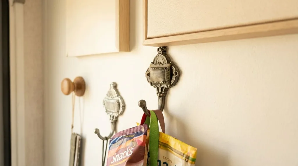 Practical and charming RV interior wall featuring a functional display combining decorative wall hooks with canvas signs and hanging items.