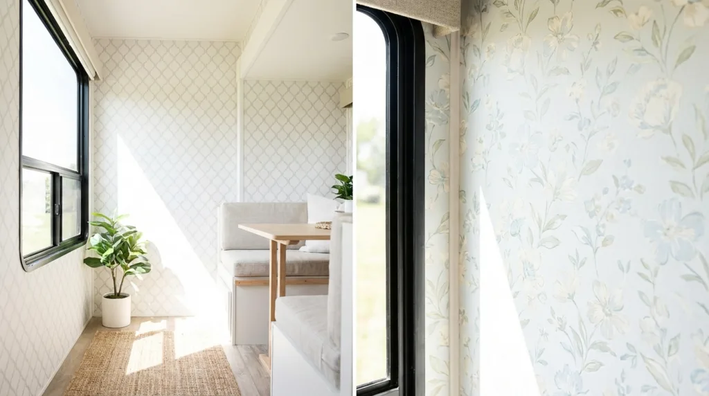 RV interior wall decorated with light-colored peel-and-stick wallpaper. 