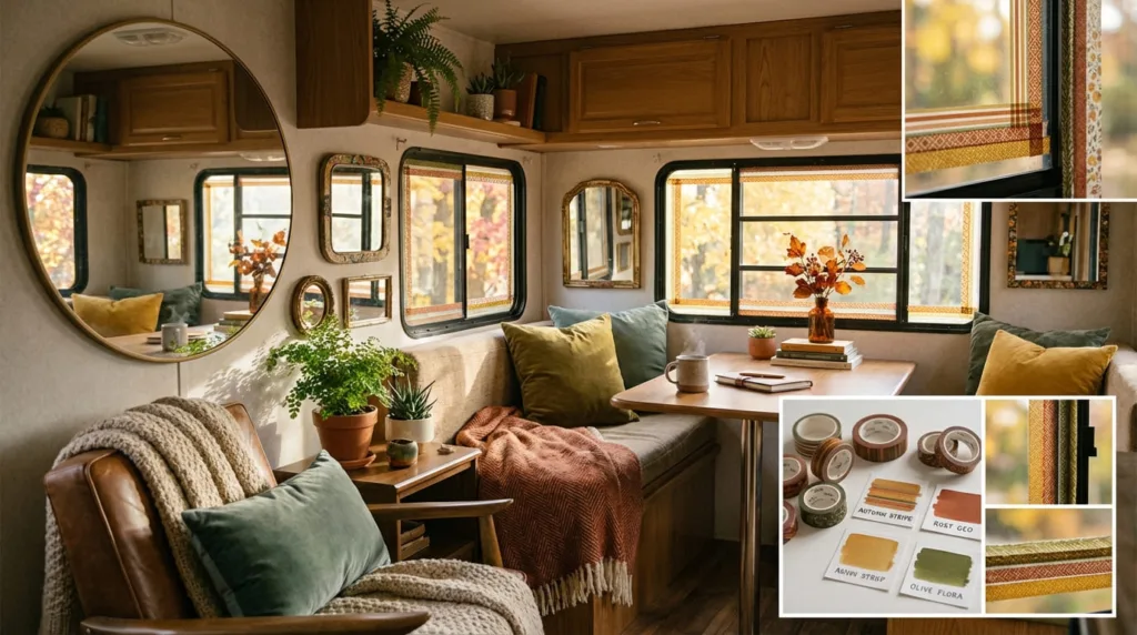Colorful and creative RV interior featuring washi tape used decoratively on mirrors and window frames.