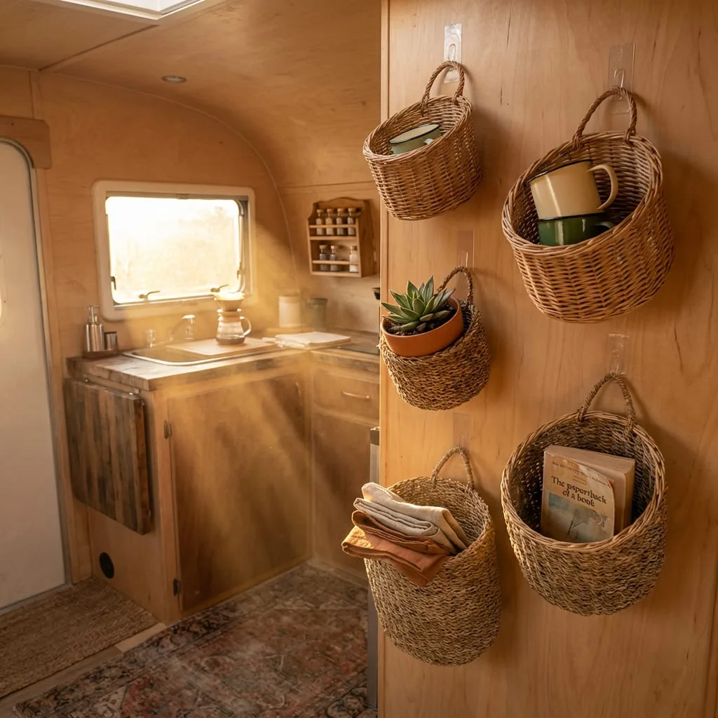 Interior of a small camper with lightweight baskets hung on walls using adhesive strips, holding various camping items.