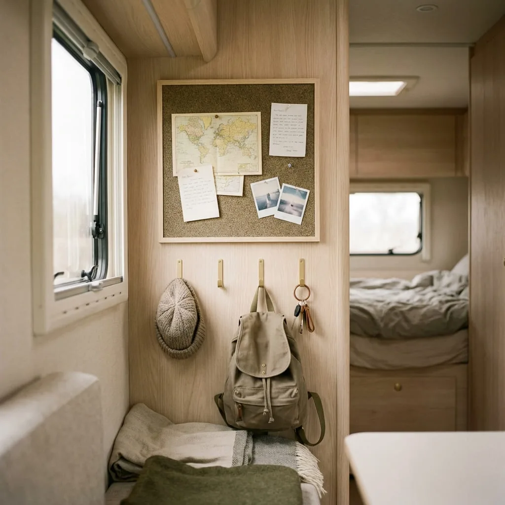 Diy cork board in small camper.