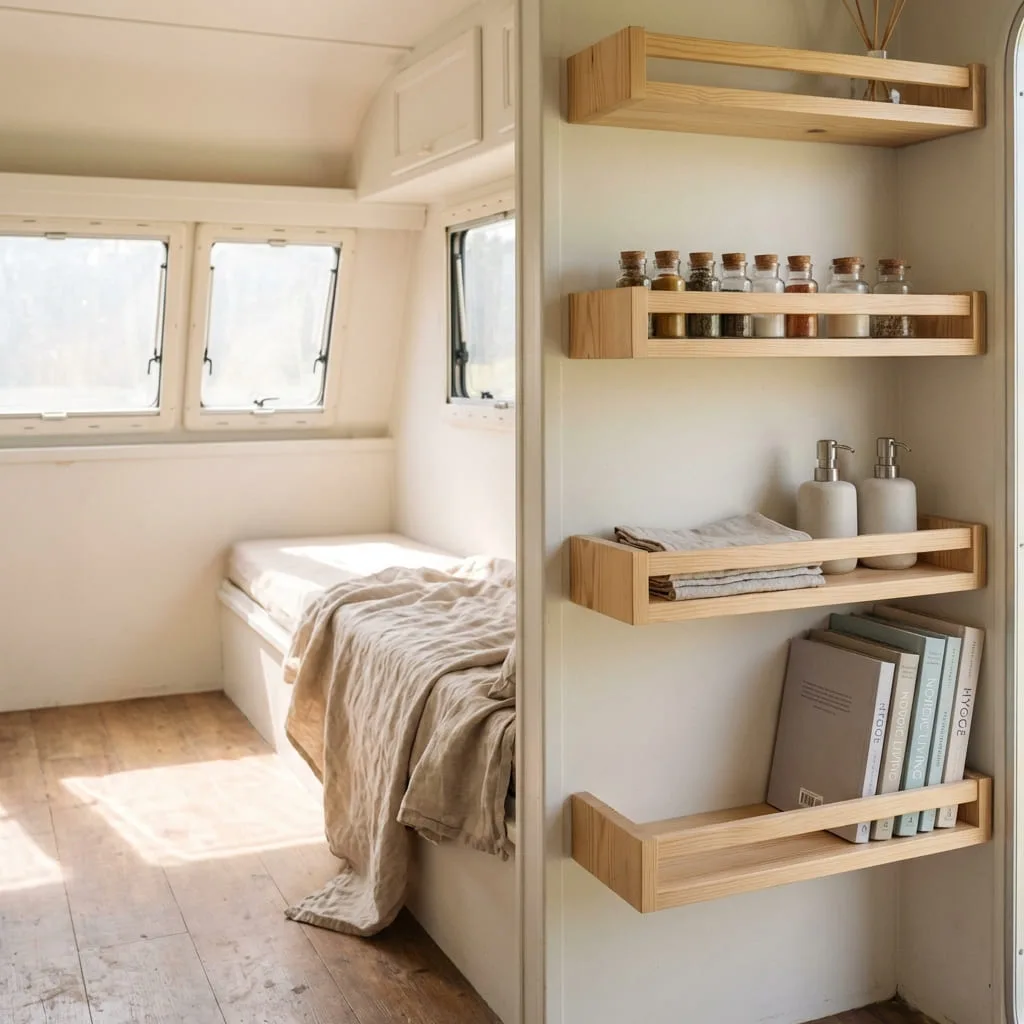Interior of a small camper with floating pine wood shelves holding camping gear and storage containers.