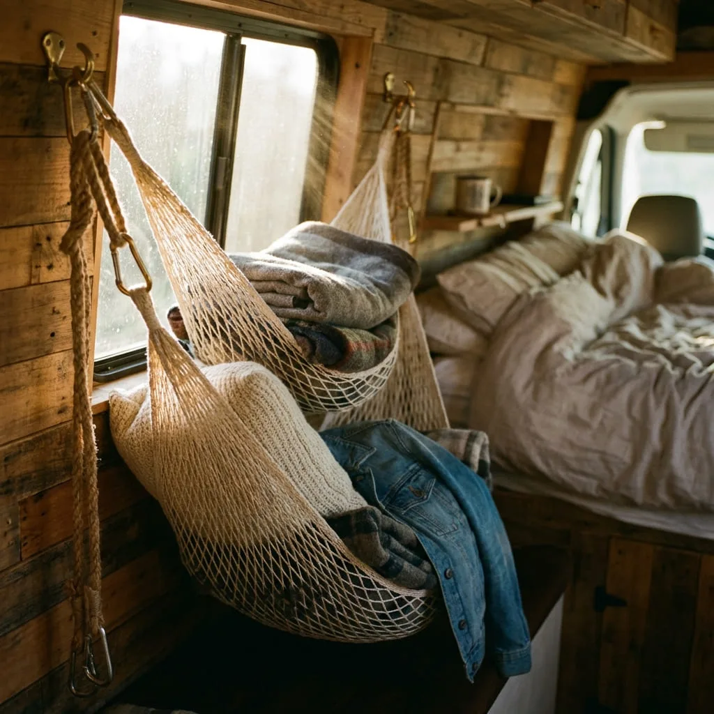 two hammocks holding blankets in a small camper