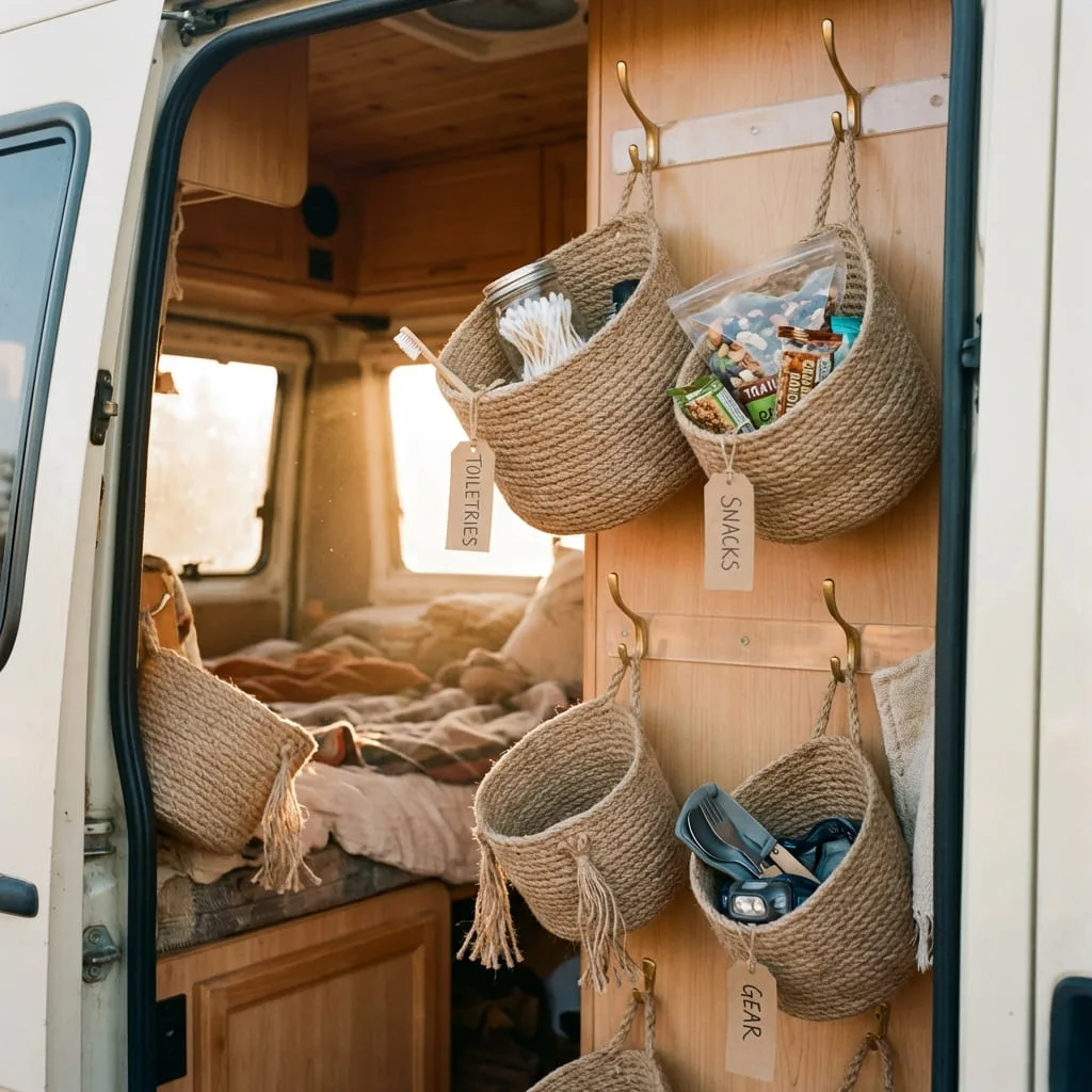 Jute haskets hanging on the wall in a small camper.