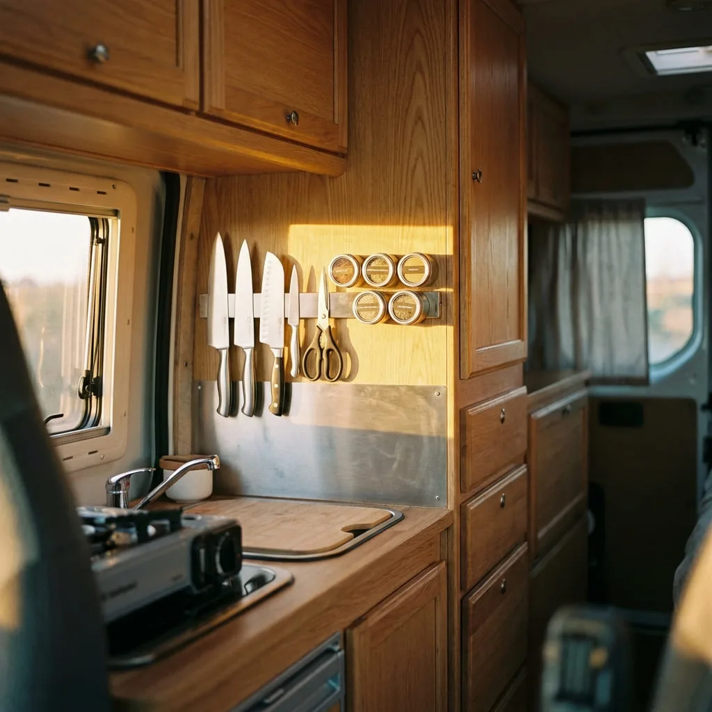 A small camper kitchen with magnetic strips mounted on a wooden panel holding knives, scissors, and metal tools to save drawer space.