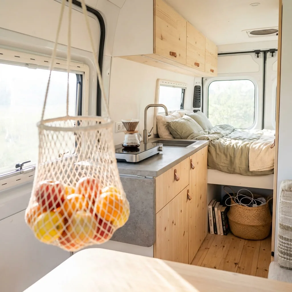Mesh hanging basket with fruit in a small camper.