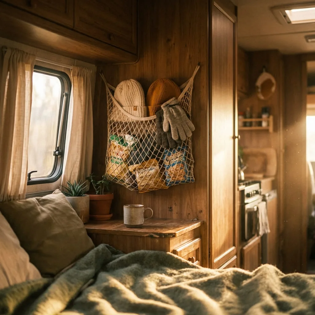 Interior of a small camper with a wall-mounted mesh net holding hats, gloves, and snacks.