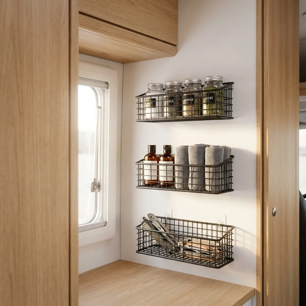 Interior of a small camper with vertical storage shelves and organizers holding camping supplies, blankets, and cookware.