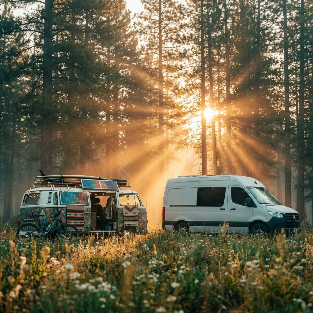 Two camper vans parked side by side outdoors, one decorated with many accessories and the other with a simple, clean design, surrounded by nature.