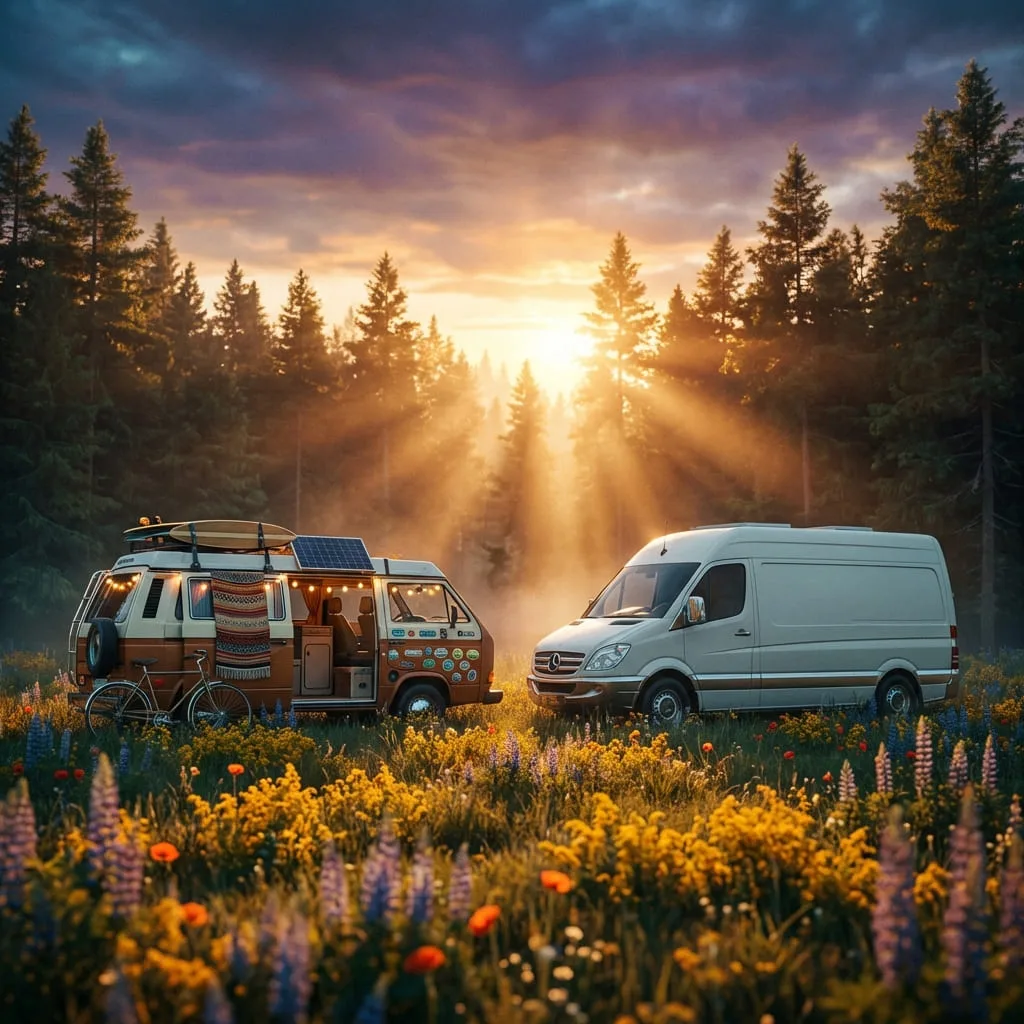 Two camper vans parked side by side outdoors, one decorated with many accessories and the other with a simple, clean design, surrounded by nature.