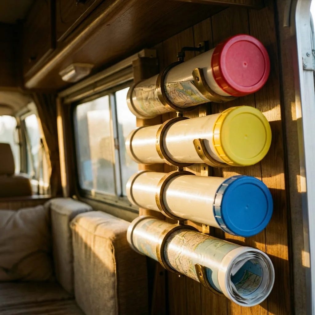 PVC pipes with maps in them in small camper.