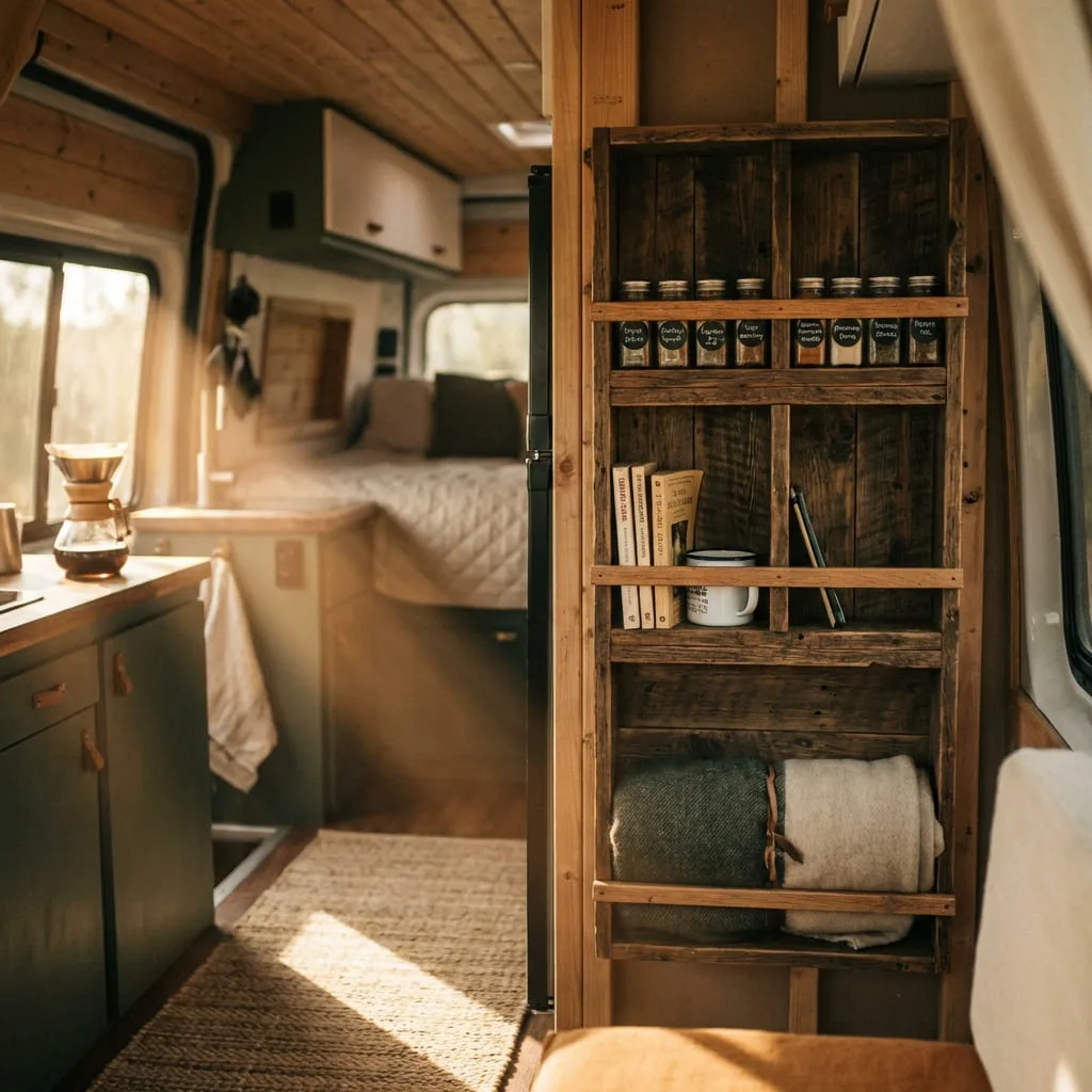 dIY shelves made from pallets in a small camper.