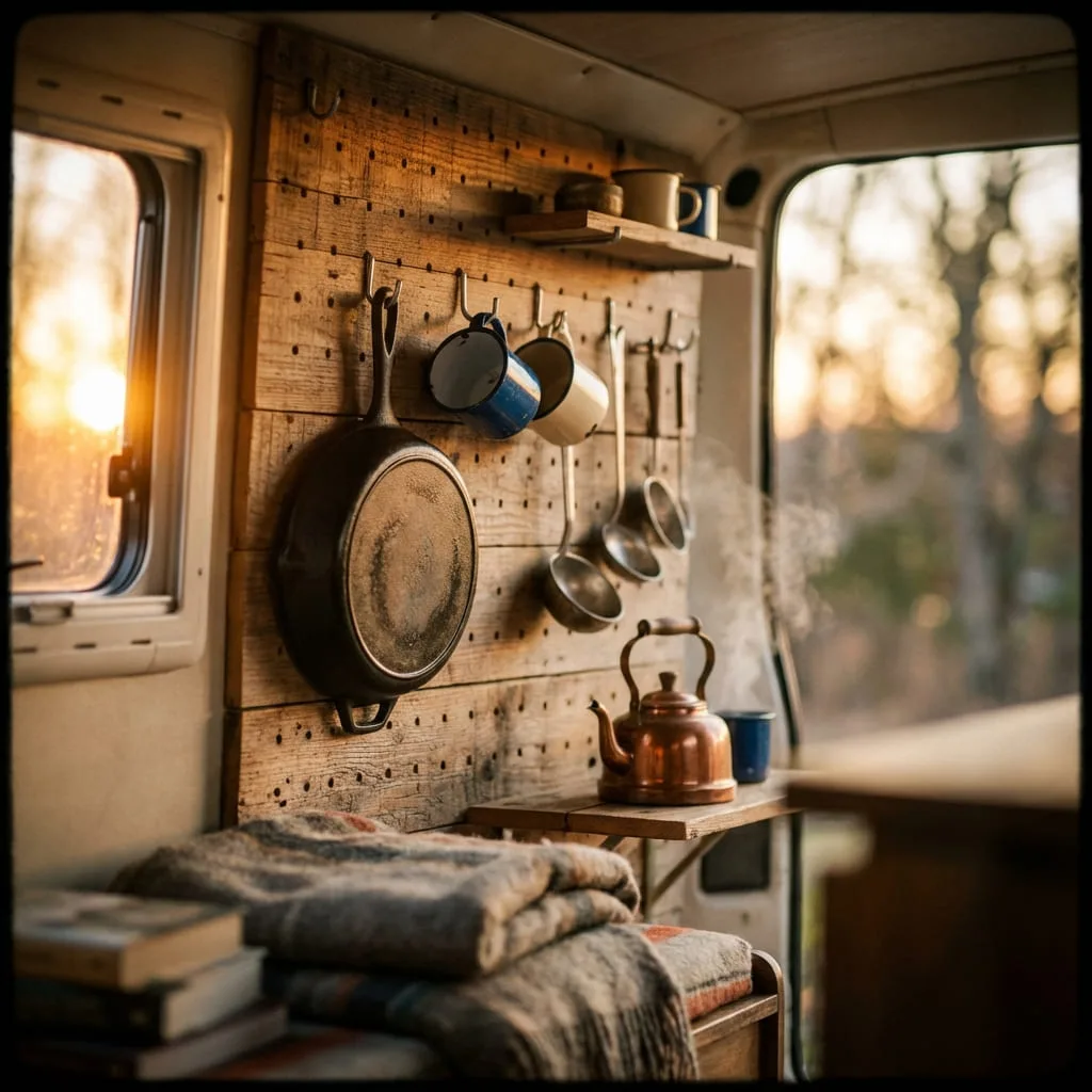 Pegboard mounted on a camper wall with hooks and shelves holding cooking utensils and camping gear.