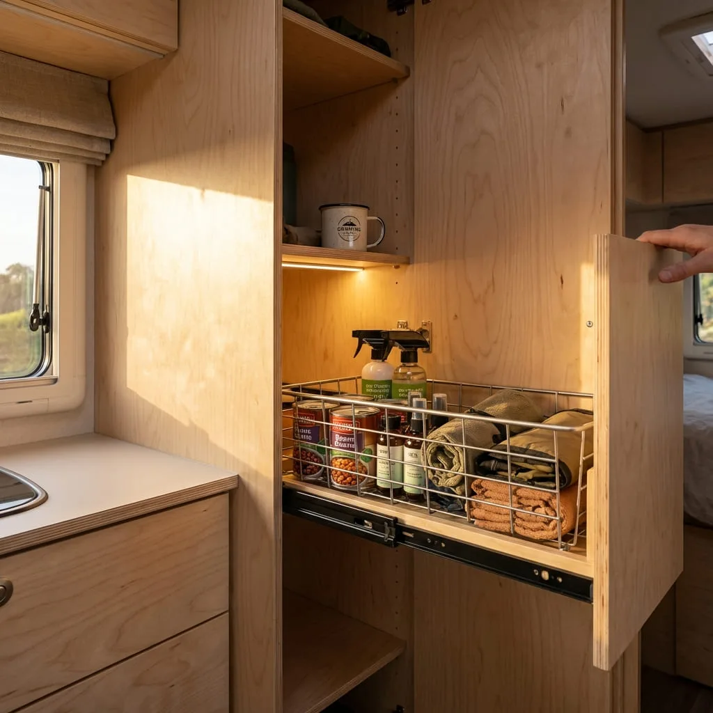 Slim vertical cabinet in small camper.