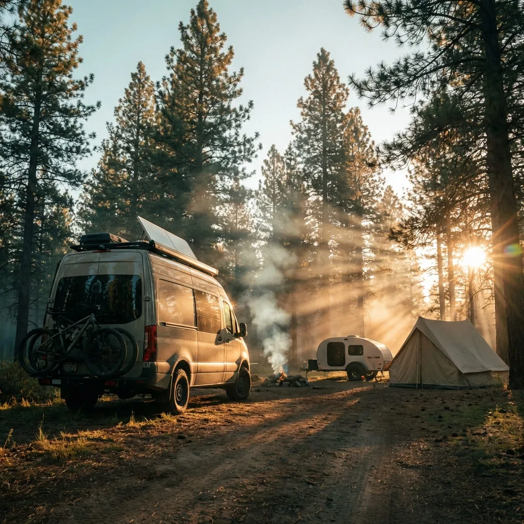 Outdoor camping scene with a large fully equipped camper van next to a small minimalist camper and tent, surrounded by pine trees and sunlight.