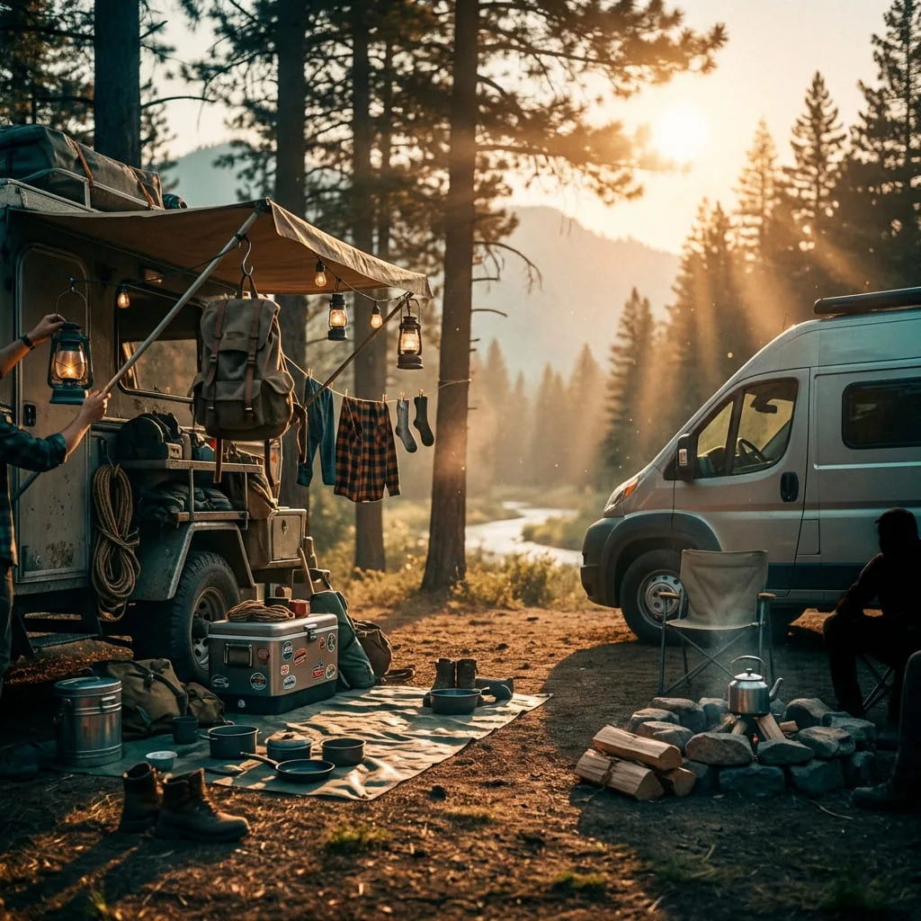 A camping scene showing two setups side by side: one with many camping items and gear, and the other with a simple, uncluttered camper and few belongings, set outdoors with trees and clear sky.