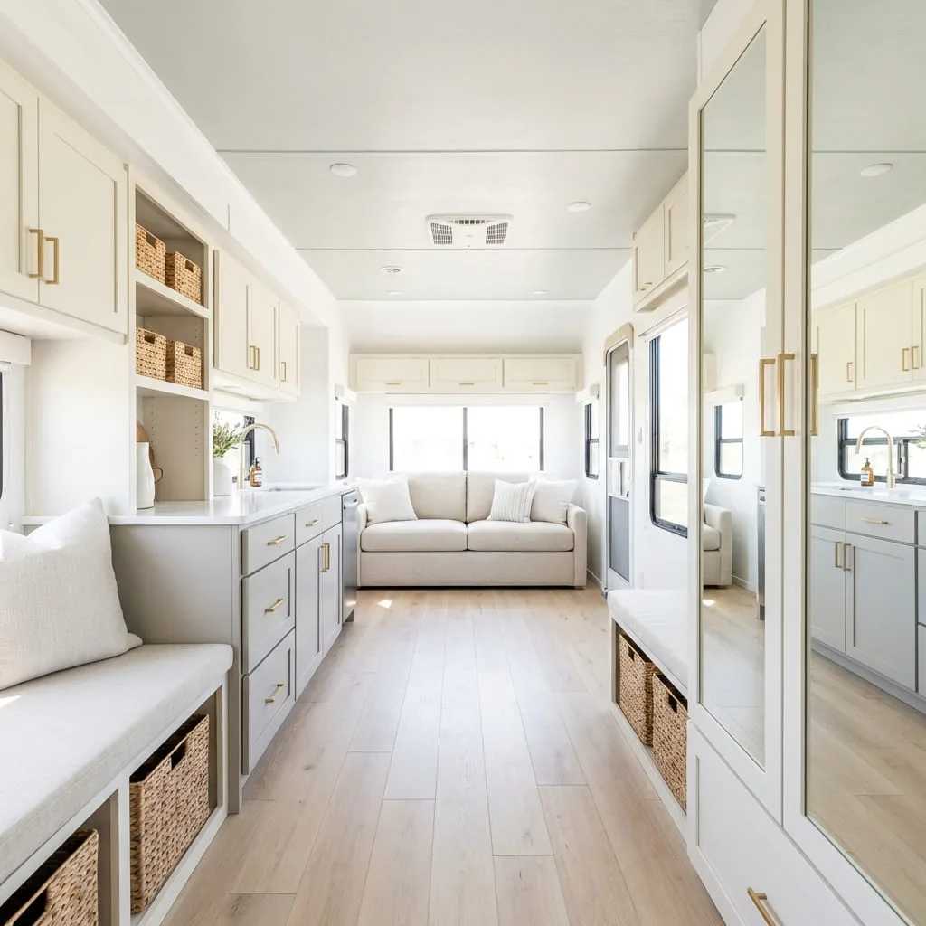 Serene Scandinavian-inspired RV camper interior with soft white walls, blonde wood accents, and minimalist design.