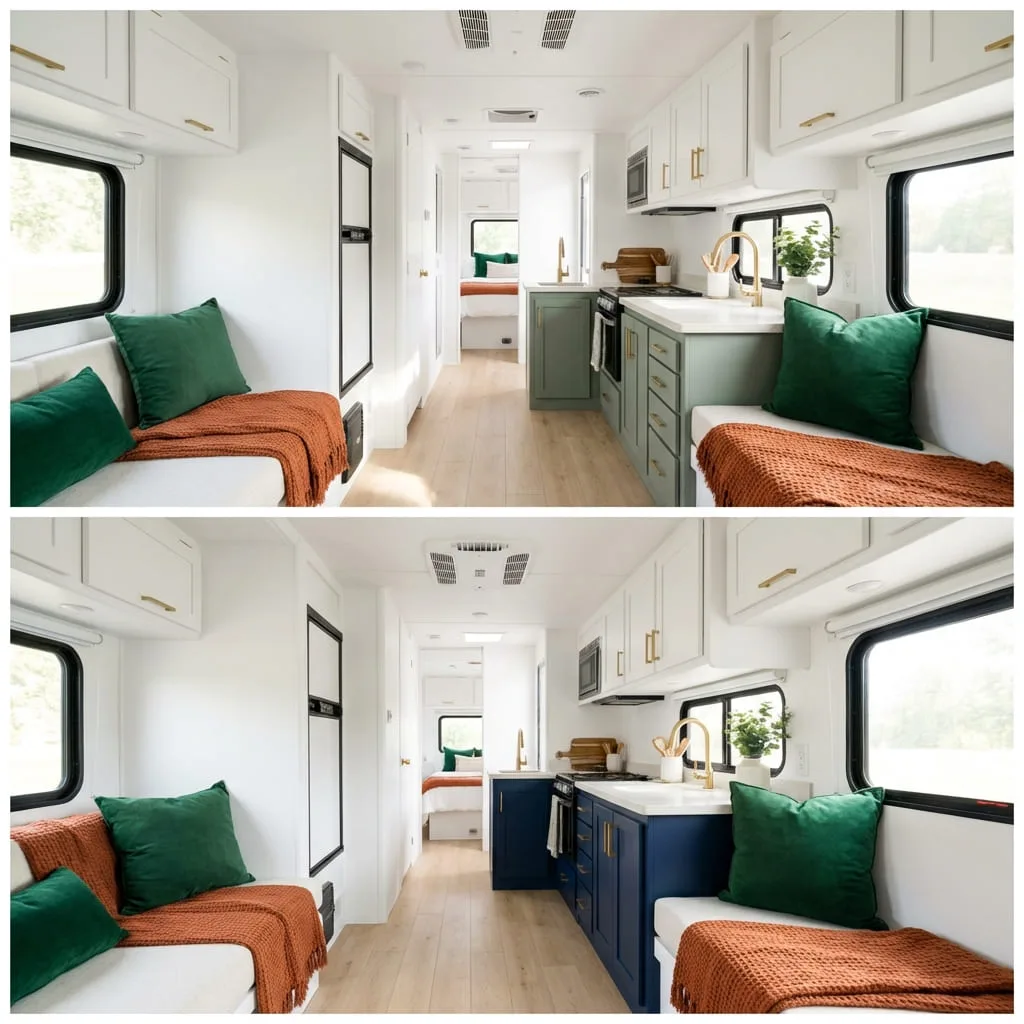 Modern RV camper interior showcasing the 60-30-10 color rule: 60% crisp white walls and light neutrals, 30% sage green lower cabinets paired with white upper cabinets, and 10% bold accent colors including emerald green pillows, burnt orange throw blankets on seating, and gold hardware.