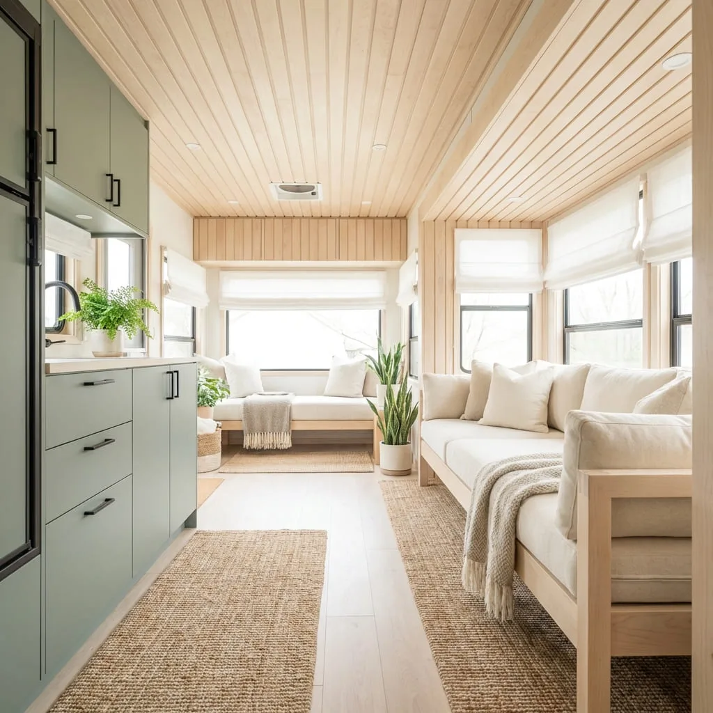 Scandinavian light and airy RV interior.