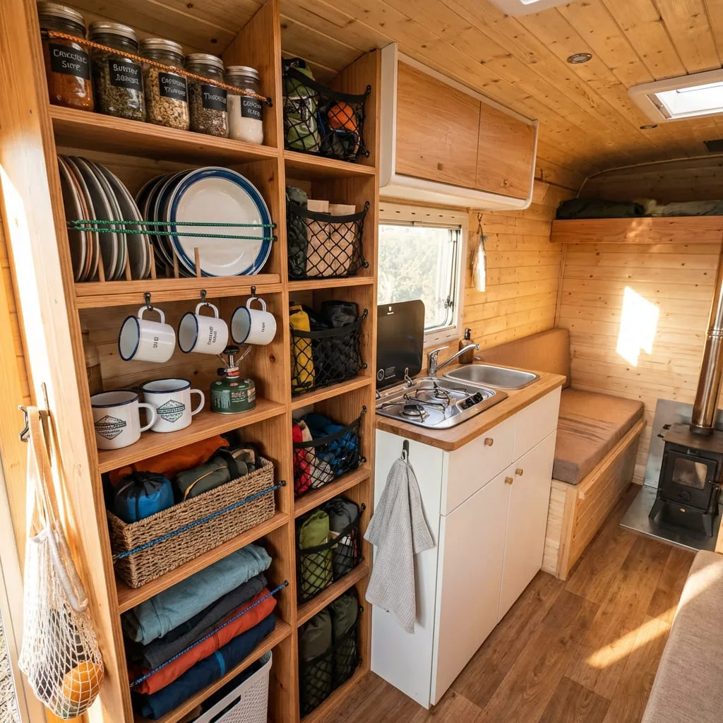 Interior of a small camper with vertical shelves and organizers holding camping gear and clothes, showing a neat and organized living space.