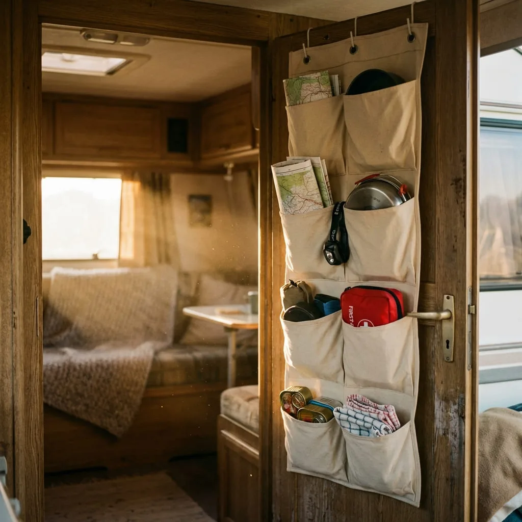 A small camper interior with a vertical shoe organizer hung behind a door holding camping supplies.