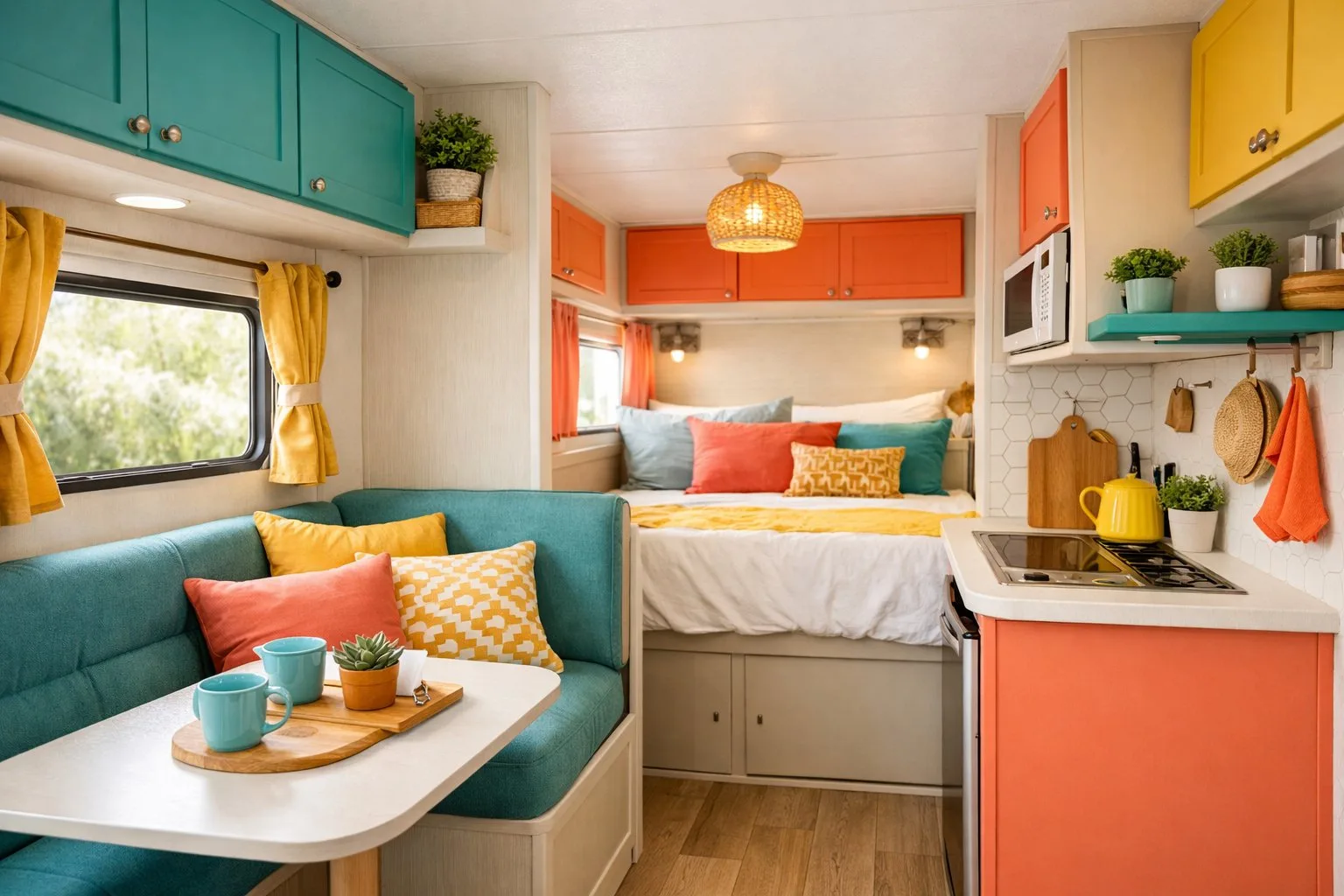 Interior of a small camper van with colorful walls, cushions, and decor creating a bright and cozy living space.