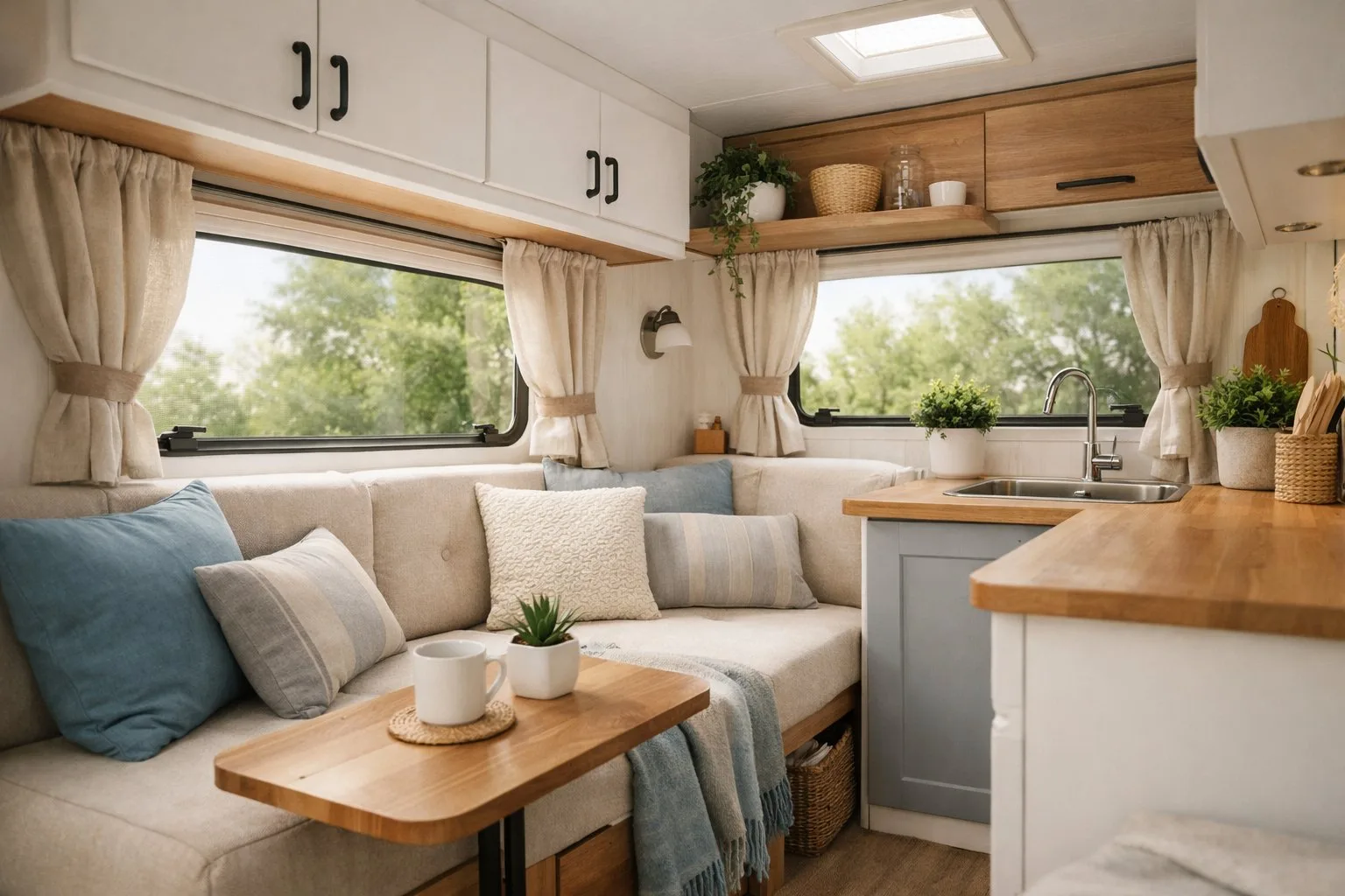 Interior of a small camper van with a cozy seating area, natural light, wooden accents, and soft complementary colors.