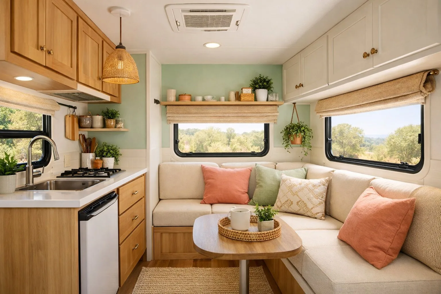 Interior of a small camper van with soft pastel walls, wooden cabinets, and a cozy seating area with cushions and plants.