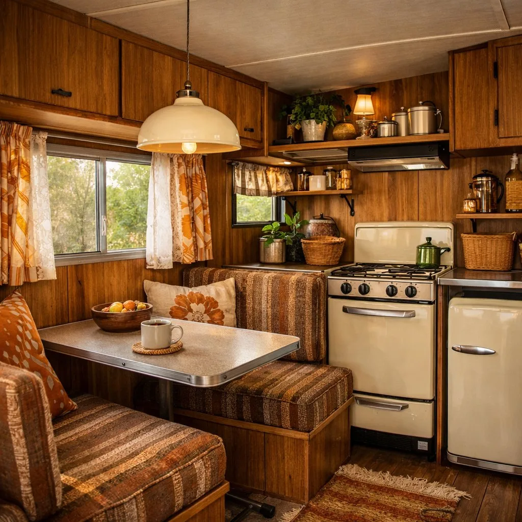 Interior view of a vintage camper van with a small dining area, kitchenette, wooden accents, and cozy seating.