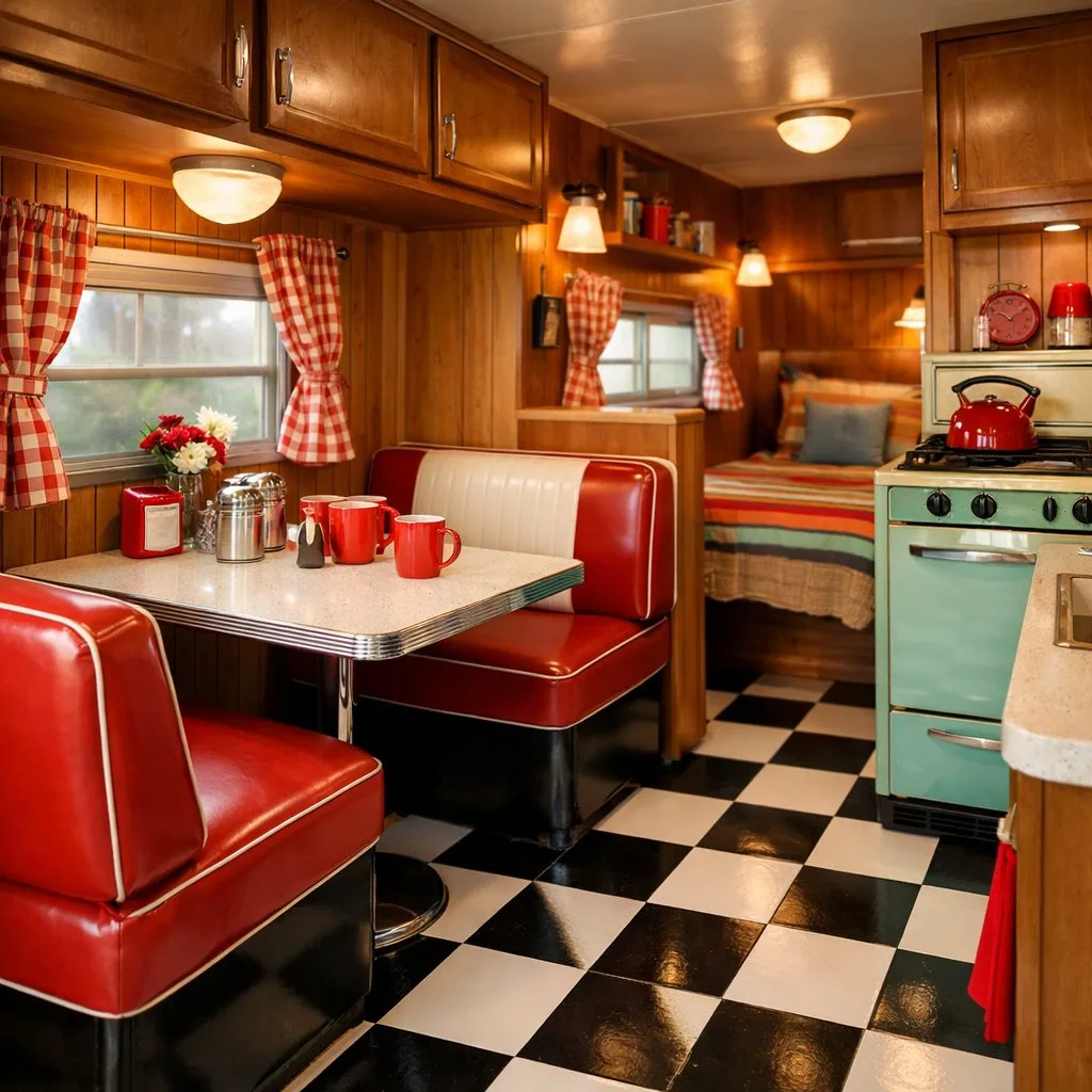 Interior of a camper with black and white checkered floors, a small dining area with seating, and vintage-style decor.