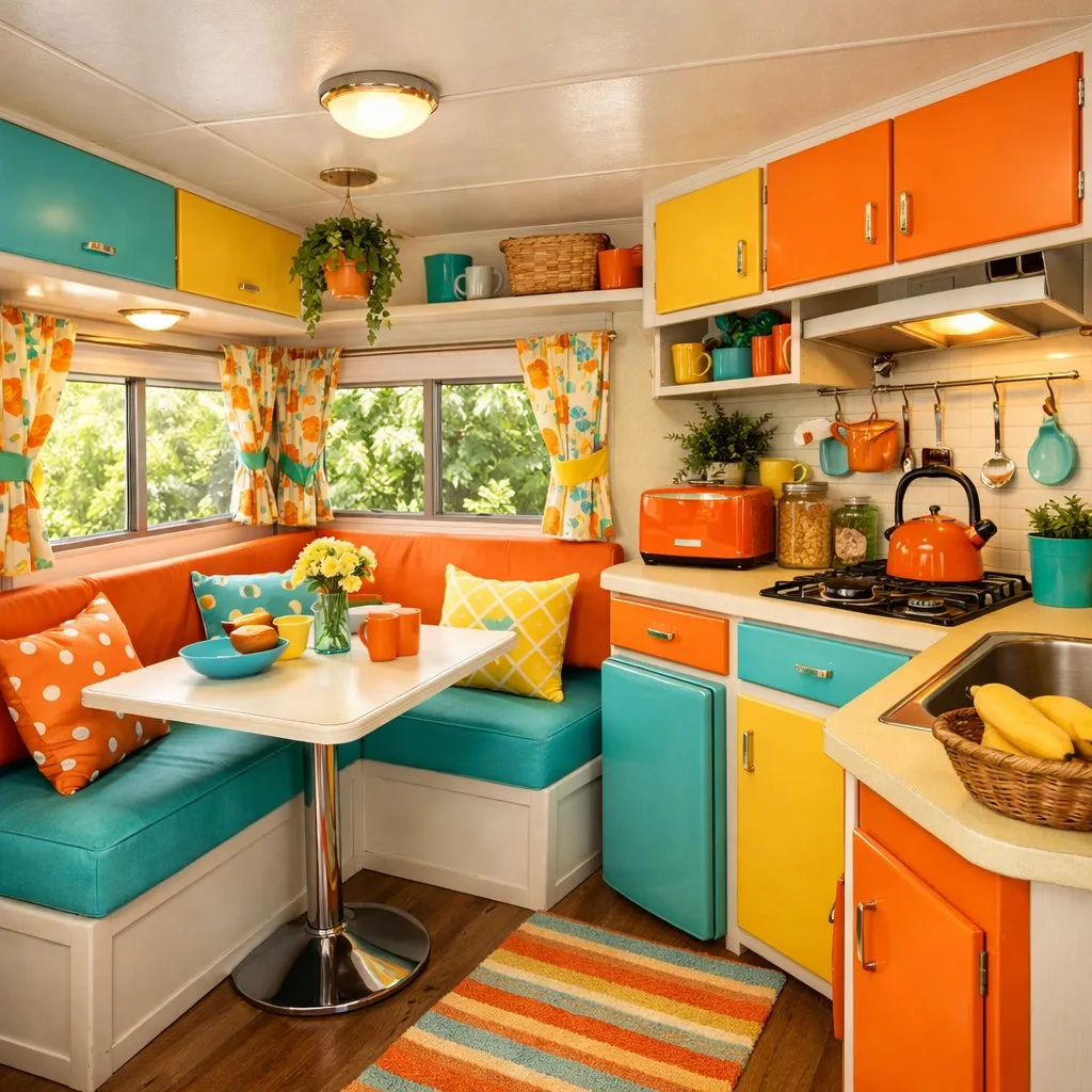 Interior of a small camper van with colorful seating, a compact kitchen, and a cozy dining area filled with bright natural light.