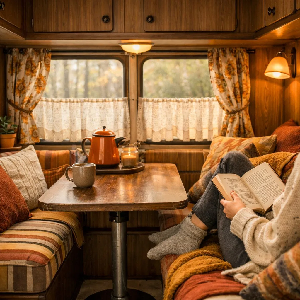 A cozy built-in seating area inside a retro camper with cushions and a person reading a book.