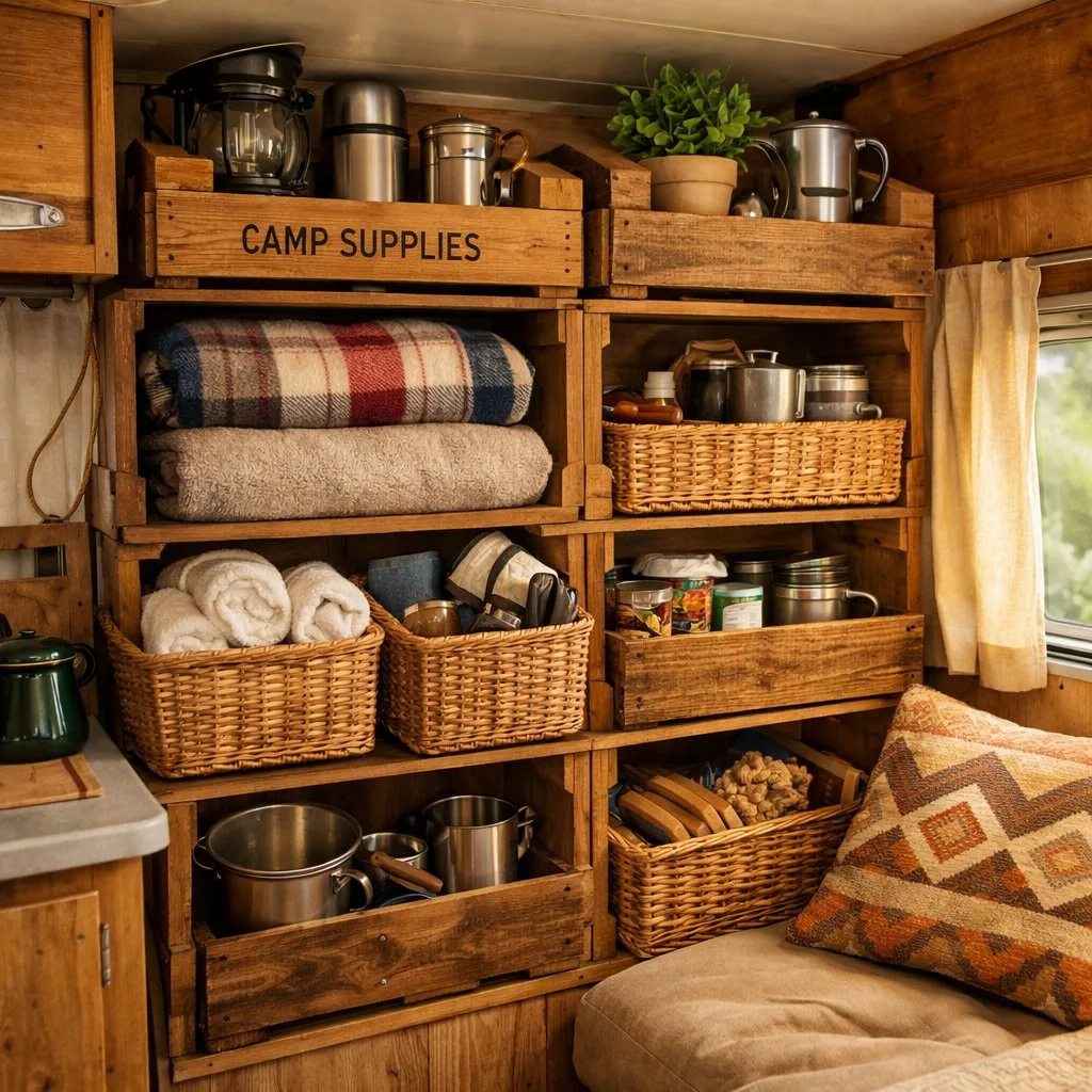 Interior of a retro camper showing wooden crates and woven baskets used for organized storage of camping items.