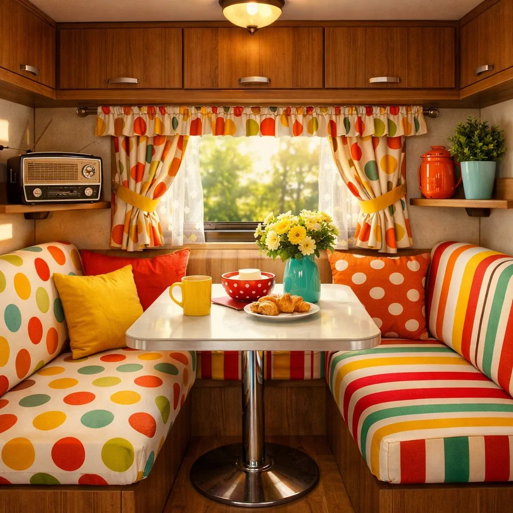 Interior of a camper with cushioned bench seats featuring polka dot and striped patterns, wooden cabinets, and a window letting in natural light.
