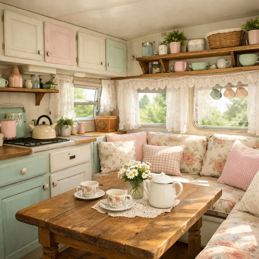 Interior of a retro camper with pastel-colored cabinets, wooden table, cushioned seating, and potted plants in natural light.
