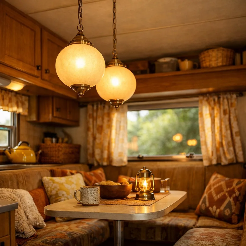 Interior of a camper with globe pendant lamps hanging from the ceiling, wooden cabinets, and a small dining area.