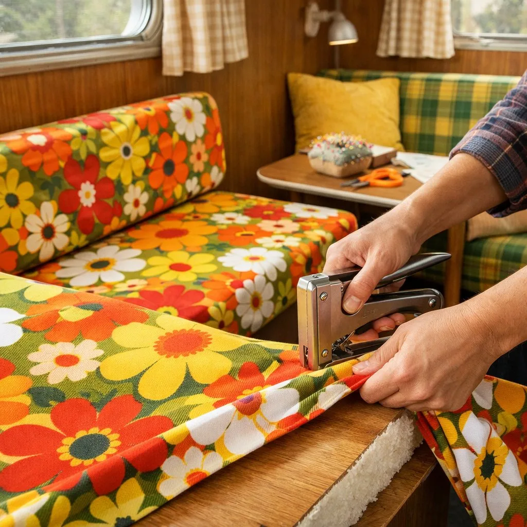 Hands reupholstering bench cushions with colorful floral fabric inside a camper.