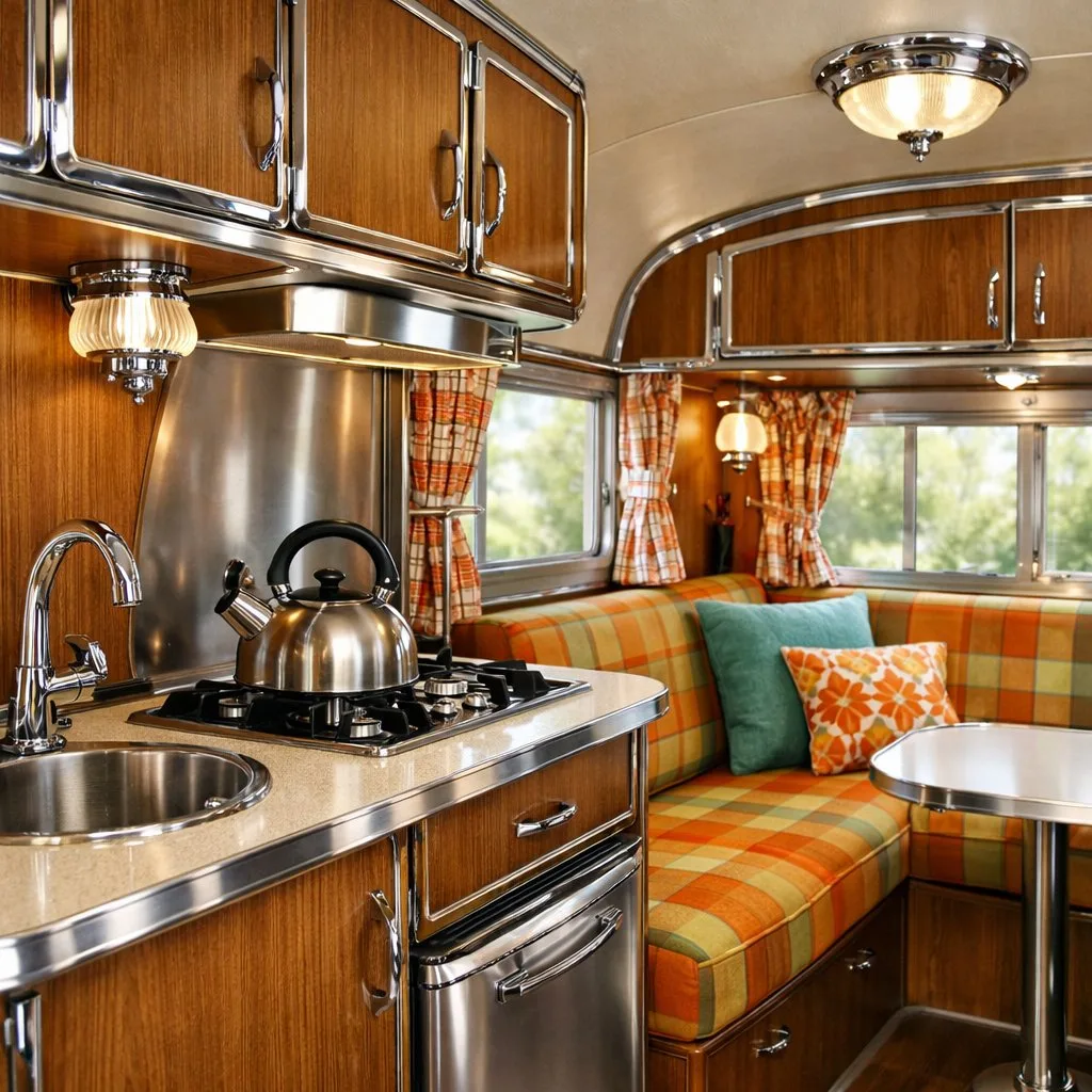 Interior of a camper van with shiny chrome details, colorful upholstery, wood paneling, and natural light coming through the windows.