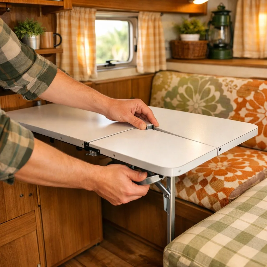 Person installing a fold-out table inside a retro camper with wooden cabinets and cozy seating.