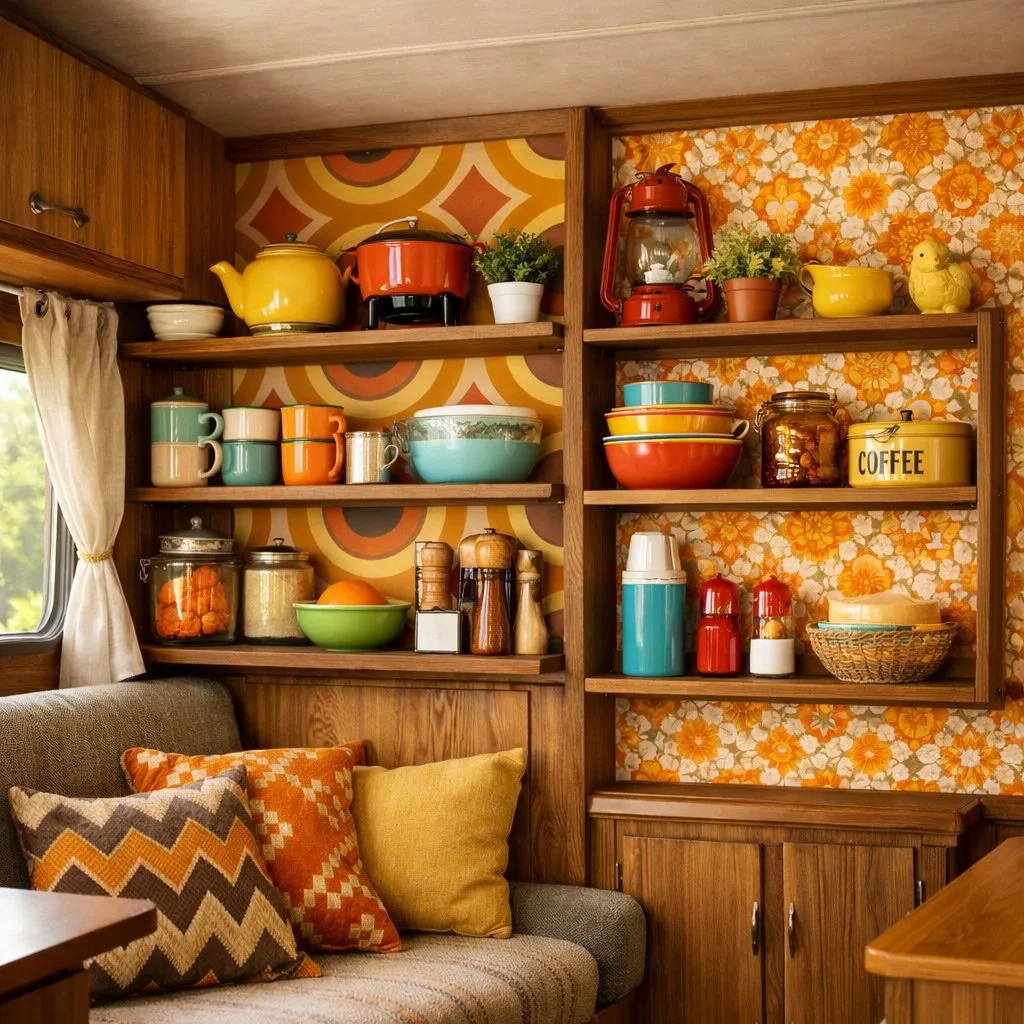 Interior of a camper with open shelves displaying kitchen items and plants against brightly patterned wallpaper.
